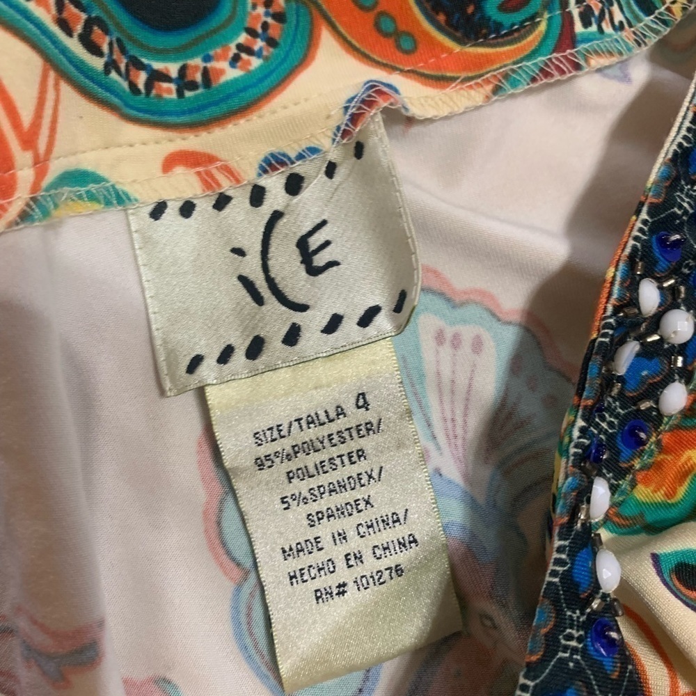 ECI FLARED EMBELLISHED BEADED PRINT DRESS w/ BELT - COLORFUL SIZE 4 - Picture 7 of 13